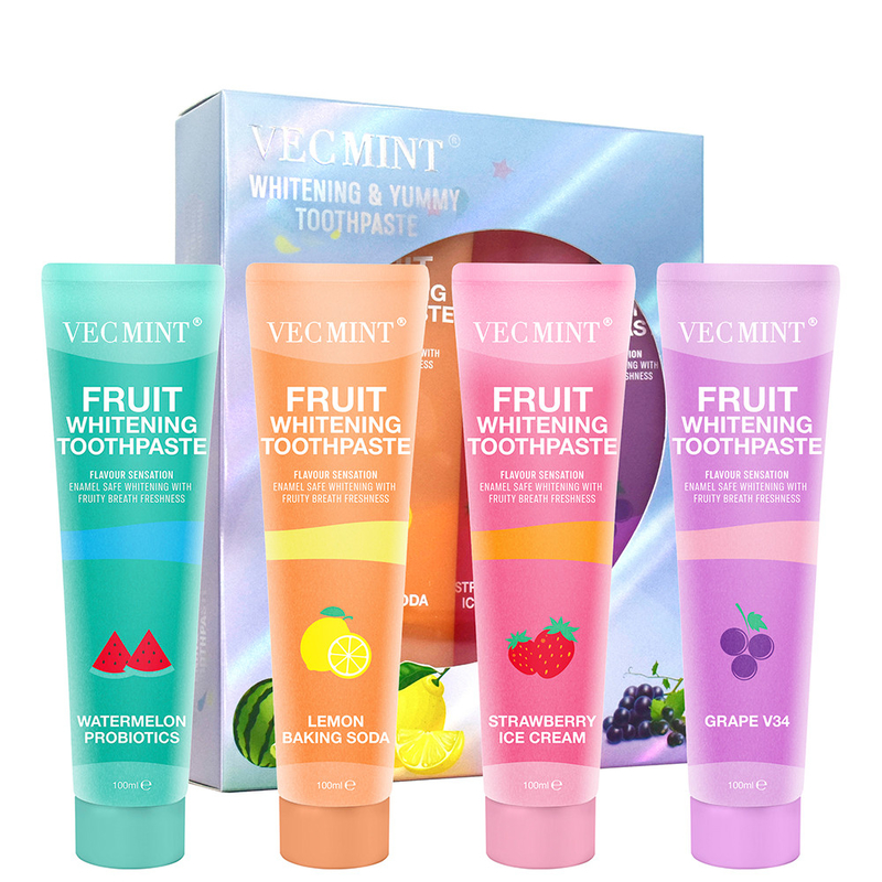 Vecmint 100ml Φρούτα - Συγκρότημα οδοντόκρεμας με γεύση λευκασμού - 4 υπέροχες γεύσεις, σμάλτο - Ασφαλής λευκασμός και φρουτώδης φρεσκάδα